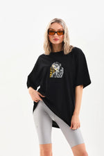 Kadın Baskılı T-Shirt Kısa Kol Bisiklet Yaka Oversize Rahat Kalıp Günlük Tişört - Siyah