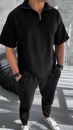 Erkek Yarım Fermuarlı Kısa kol T-Shirt - Siyah