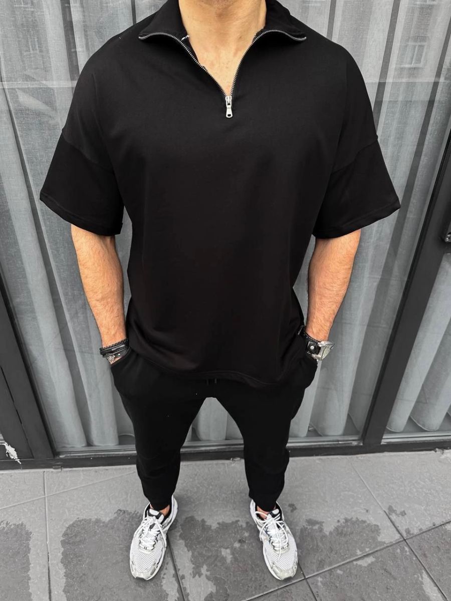 Erkek Yarım Fermuarlı Kısa kol T-Shirt - Siyah