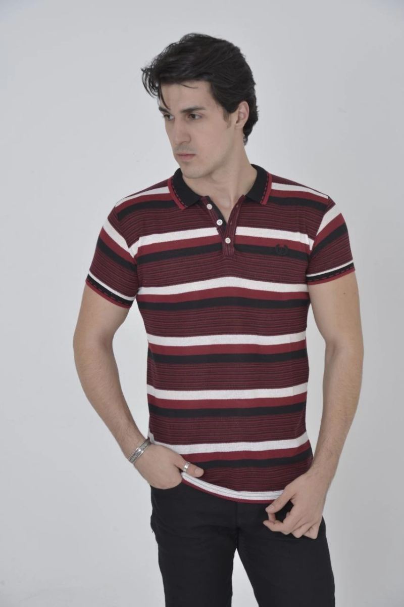 Erkek Polo Yaka tişört Slim Fit Dokuma Çizgili Kısa kol T-Shirt - Bordo