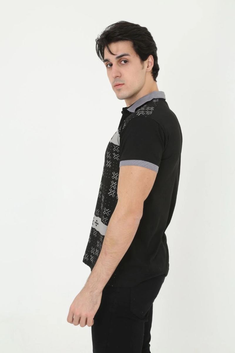 Erkek Polo Yaka tişört Slim Fit Baskılı Kısa kol T-Shirt - Siyah