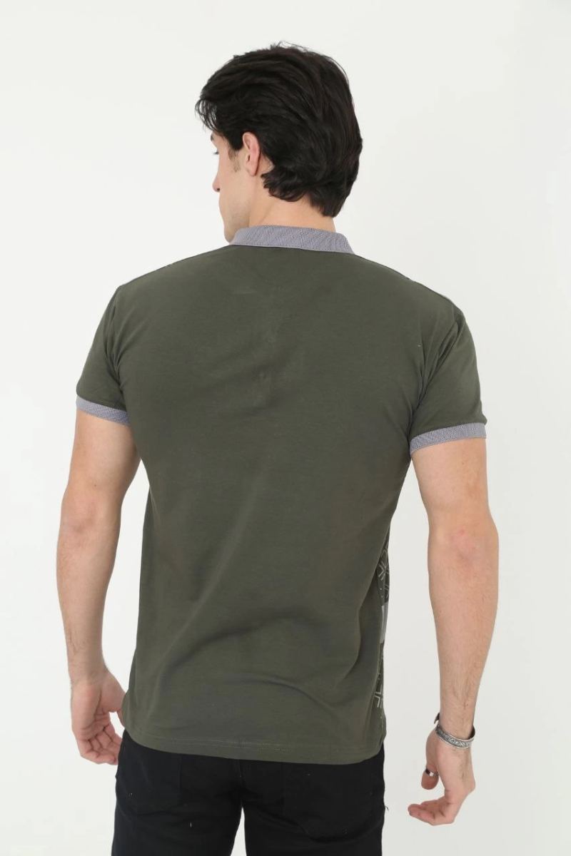 Erkek Polo Yaka tişört Slim Fit Baskılı Kısa kol T-Shirt - Haki