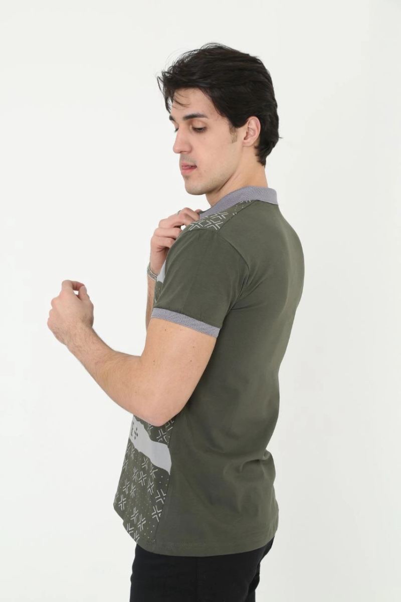 Erkek Polo Yaka tişört Slim Fit Baskılı Kısa kol T-Shirt - Haki