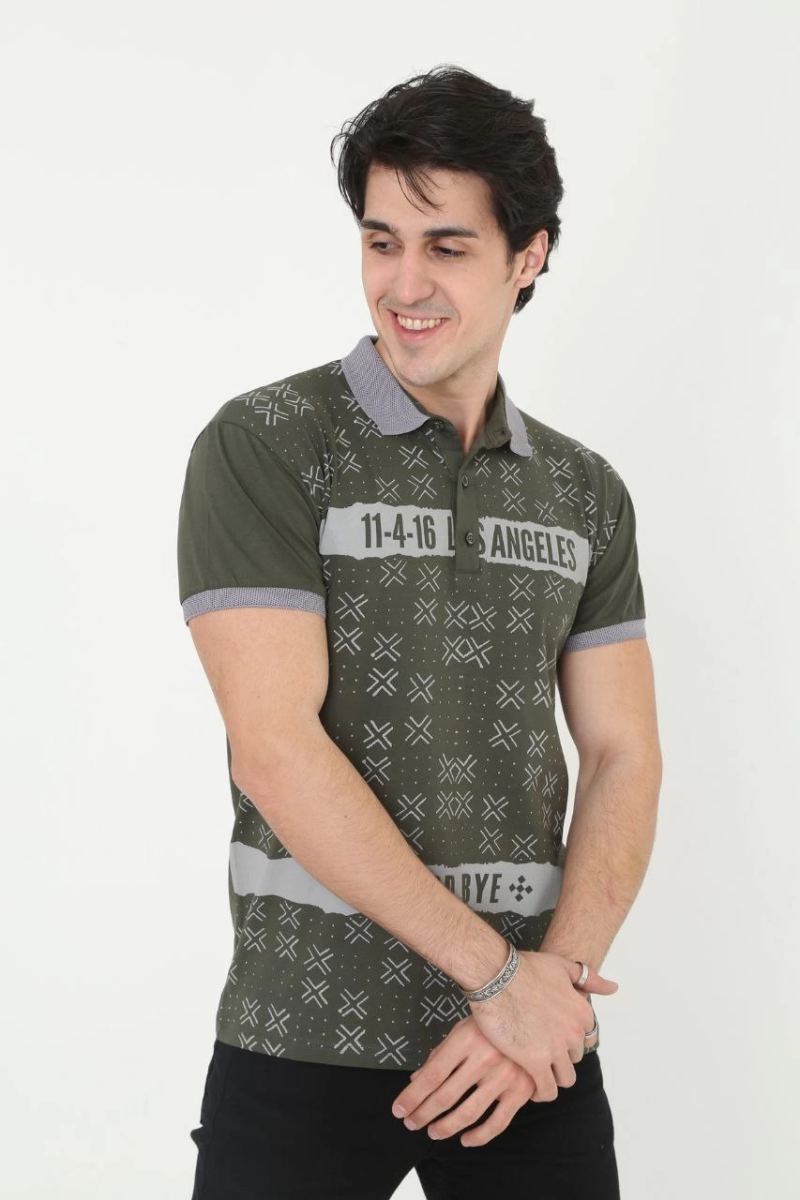 Erkek Polo Yaka tişört Slim Fit Baskılı Kısa kol T-Shirt - Haki