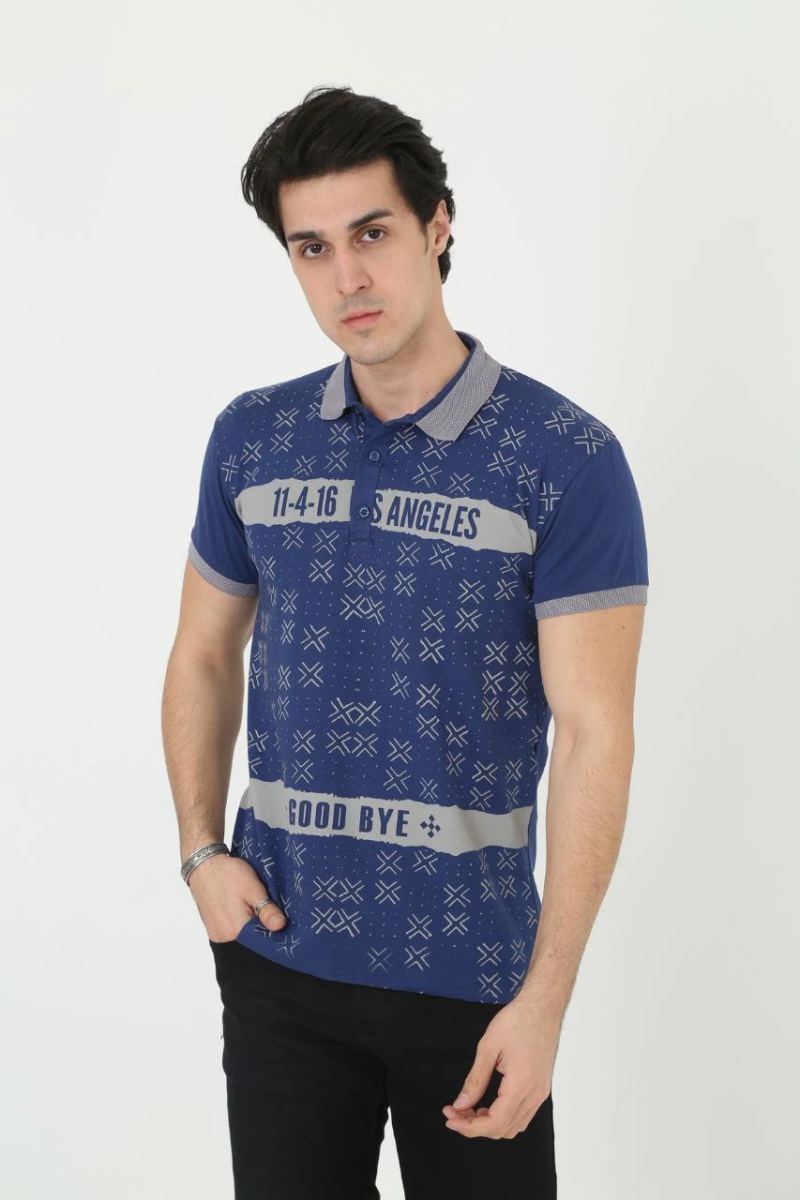 Erkek Polo Yaka tişört Slim Fit Baskılı Kısa kol T-Shirt - Mavi