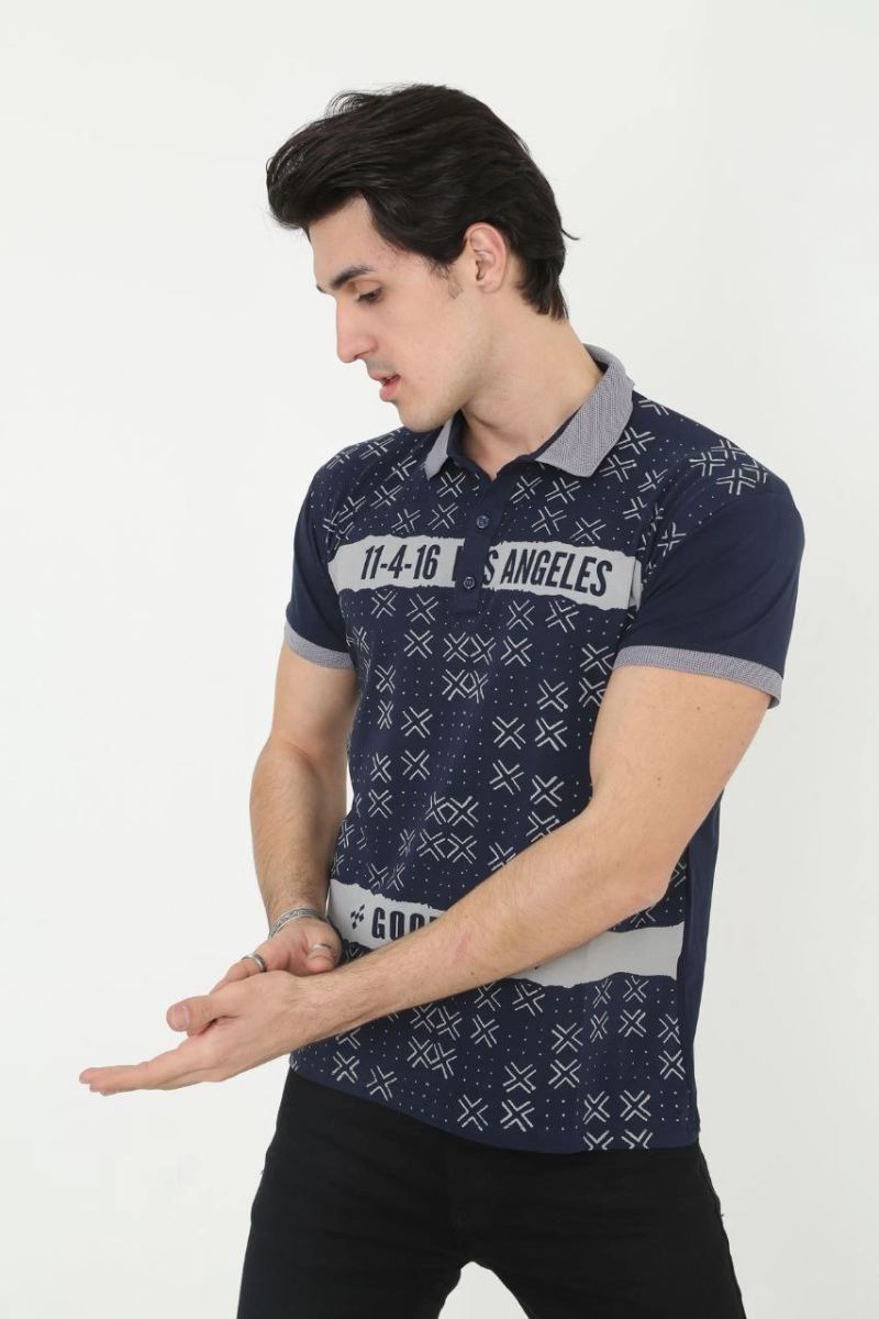 Erkek Polo Yaka  tişört Slim Fit Baskılı Kısa kol T-Shirt - Lacivert