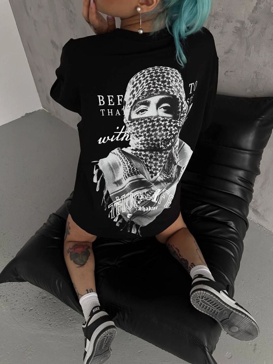 Kadın Kısa Kol Tişört Bisiklet Yaka Filistin Poşülü Baskılı T-Shirt - Siyah