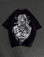 Kadın Kısa Kol Tişört Bisiklet Yaka Filistin Poşülü Baskılı T-Shirt - Siyah