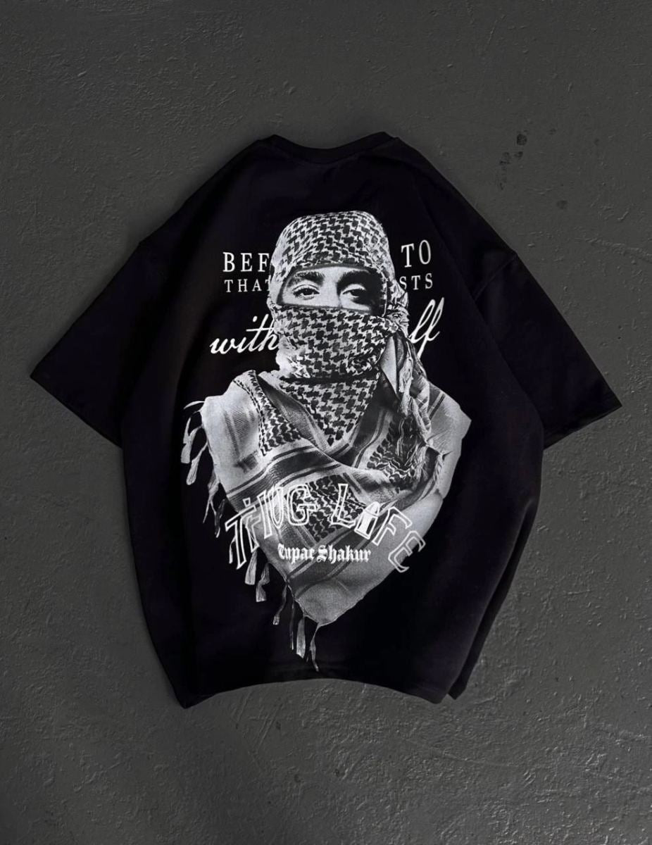 Kadın Kısa Kol Tişört Bisiklet Yaka Filistin Poşülü Baskılı T-Shirt - Siyah