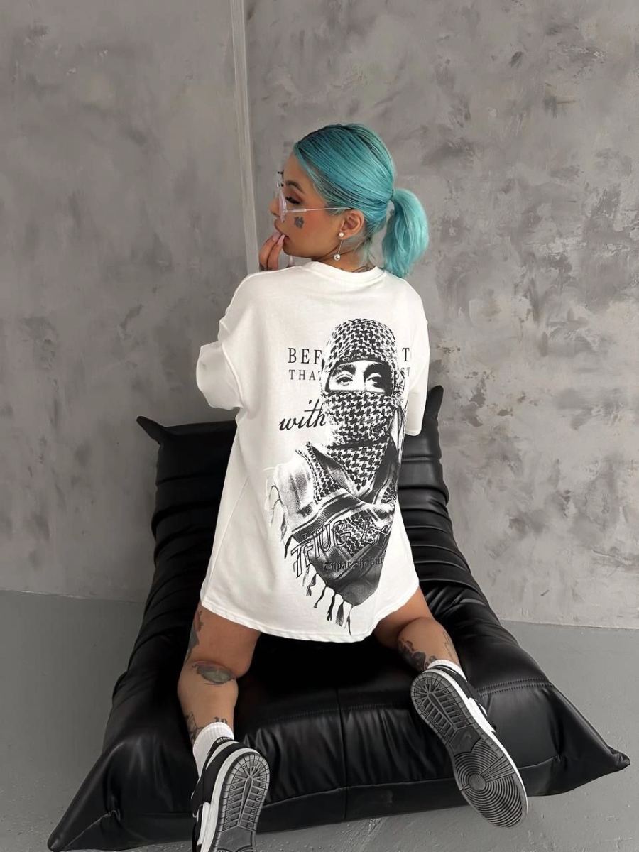 Kadın Kısa Kol Tişört Bisiklet Yaka Filistin Poşülü Baskılı T-Shirt - Beyaz