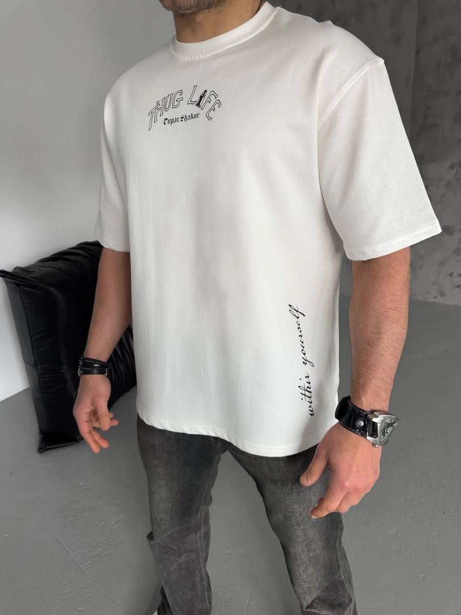 Erkek Kısa Kol Tişört Bisiklet Yaka Filistin Poşulu Baskılı T-Shirt - Beyaz