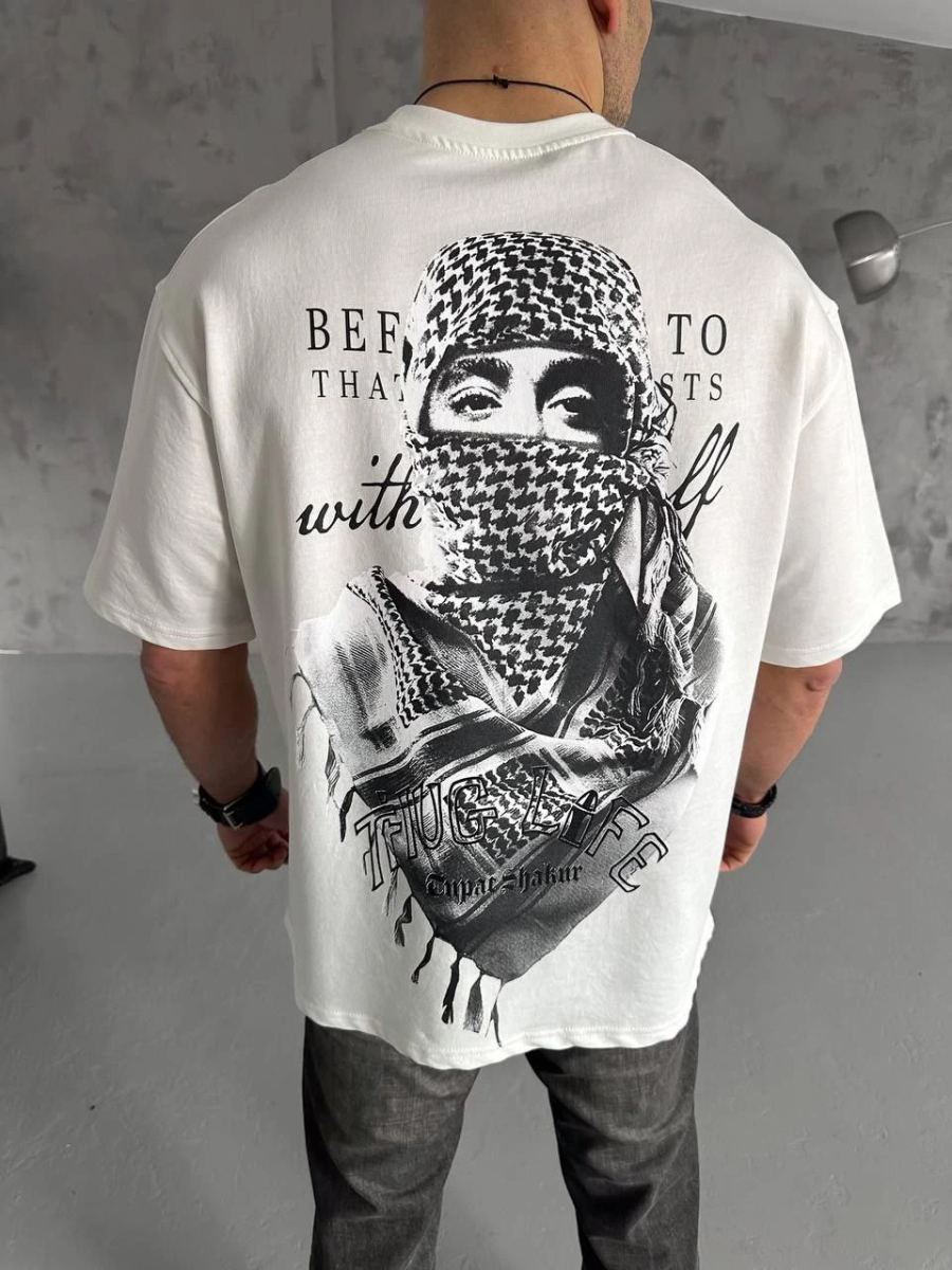 Erkek Kısa Kol Tişört Bisiklet Yaka Filistin Poşulu Baskılı T-Shirt - Beyaz