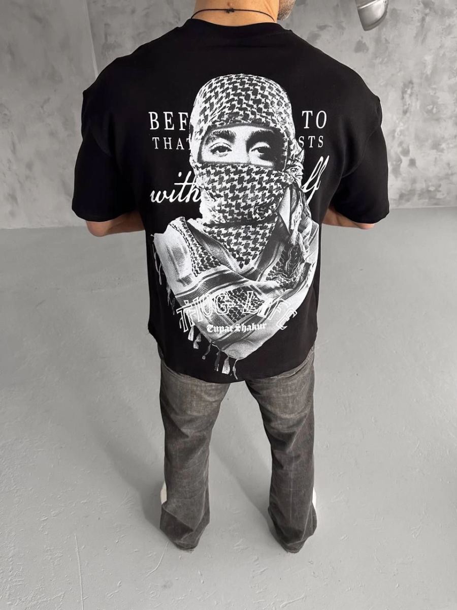 Erkek Kısa Kol Tişört Bisiklet Yaka Filistin Poşulu Baskılı T-Shirt - Siyah