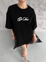 Kadın Baskılı T-Shirt Kısa Kol Bisiklet Yaka Oversize Rahat Kalıp Günlük Tişört - Siyah