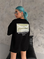 Kadın Baskılı T-Shirt Kısa Kol Bisiklet Yaka Oversize Rahat Kalıp Günlük Tişört - Siyah