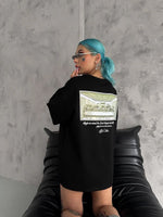 Kadın Baskılı T-Shirt Kısa Kol Bisiklet Yaka Oversize Rahat Kalıp Günlük Tişört - Siyah