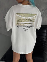 Kadın Baskılı T-Shirt Kısa Kol Bisiklet Yaka Oversize Rahat Kalıp Günlük Tişört - Beyaz