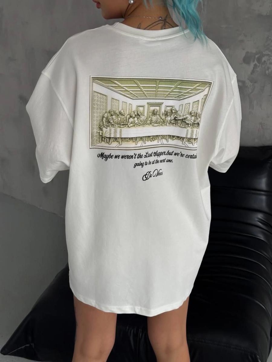 Kadın Baskılı T-Shirt Kısa Kol Bisiklet Yaka Oversize Rahat Kalıp Günlük Tişört - Beyaz