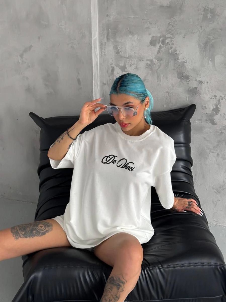 Kadın Baskılı T-Shirt Kısa Kol Bisiklet Yaka Oversize Rahat Kalıp Günlük Tişört - Beyaz