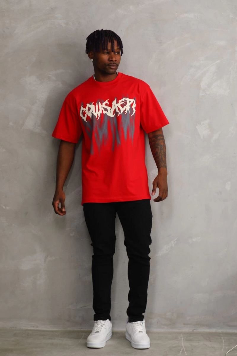 Erkek Baskılı T-Shirt Kısa Kol Bisiklet Yaka Rahat Kalıp Tişört - Kırmızı