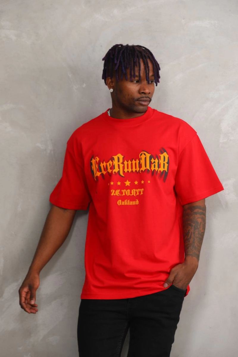Erkek Baskılı T-Shirt Kısa Kol Bisiklet Yaka Rahat Kalıp Tişört - Kırmızı