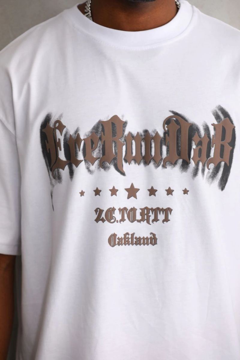 Erkek Baskılı T-Shirt Kısa Kol Bisiklet Yaka Rahat Kalıp Tişört - Beyaz