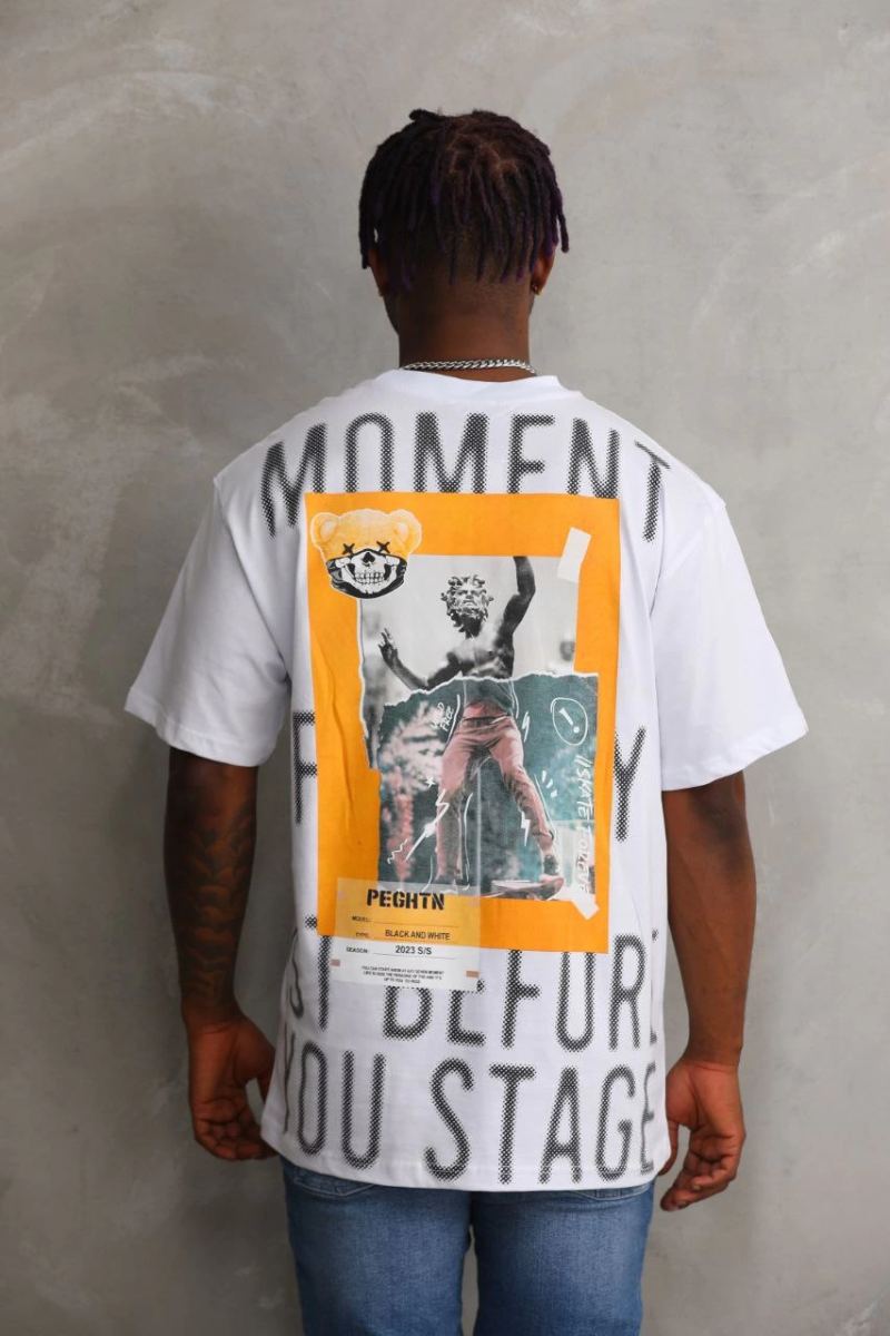 Erkek Baskılı T-Shirt Kısa Kol Bisiklet Yaka Rahat Kalıp Tişört  - Beyaz