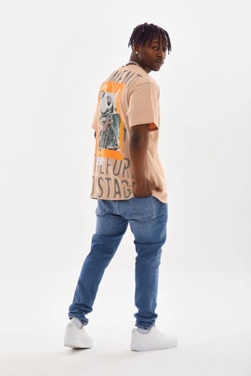 Erkek Baskılı T-Shirt Kısa Kol Bisiklet Yaka Rahat Kalıp Tişört - Bej