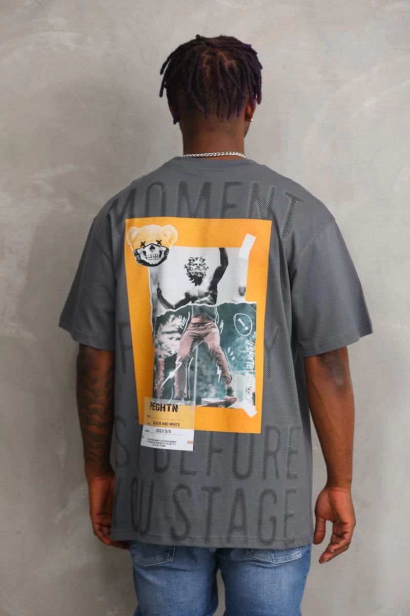 Erkek Baskılı T-Shirt Kısa Kol Bisiklet Yaka Rahat Kalıp Tişört - Füme