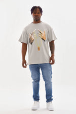 Erkek Baskılı T-Shirt Kısa Kol Bisiklet Yaka Rahat Kalıp Tişört - Gri