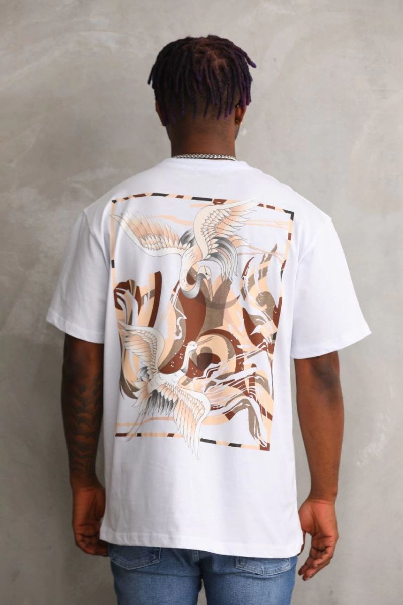 Erkek Baskılı T-Shirt Kısa Kol Bisiklet Yaka Rahat Kalıp Tişört - Beyaz