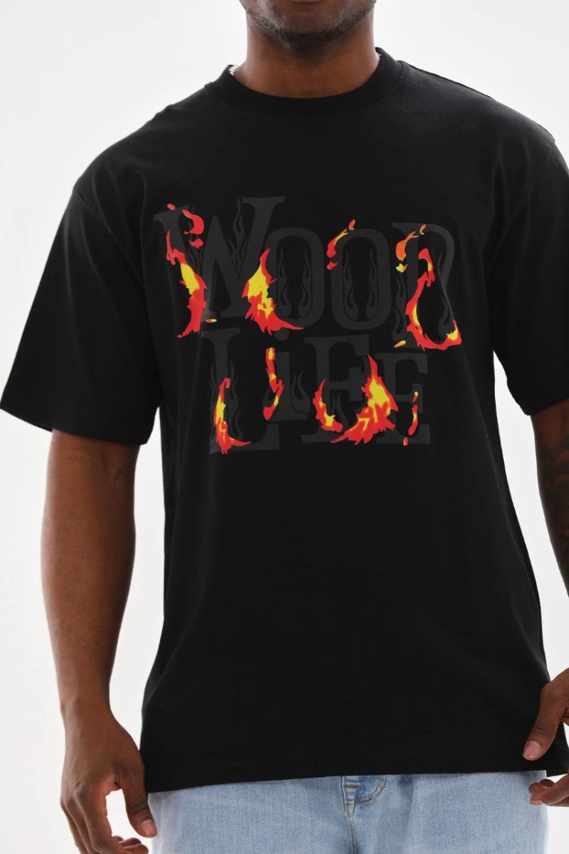 Erkek Baskılı T-Shirt Kısa Kol Bisiklet Yaka Rahat Kalıp Tişört - Siyah