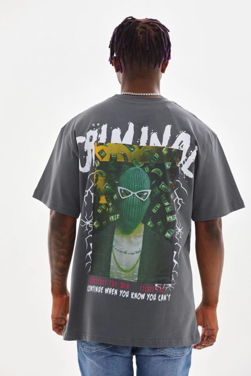 Erkek Baskılı T-Shirt Kısa Kol Bisiklet Yaka Rahat Kalıp Tişört - Füme