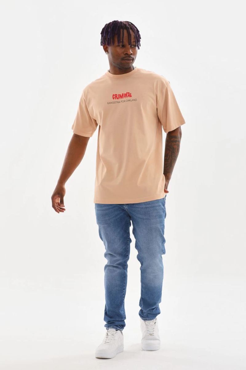 Erkek Baskılı T-Shirt Kısa Kol Bisiklet Yaka Rahat Kalıp Tişört  - Bej
