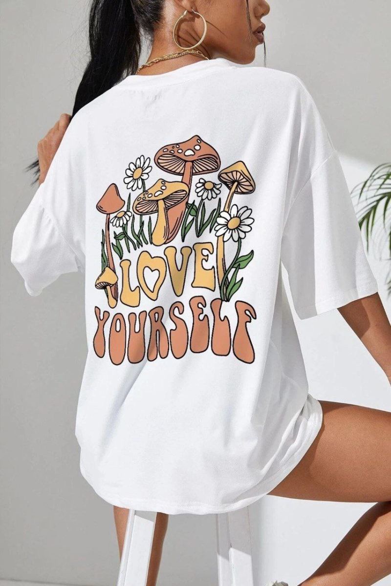 Kadın Baskılı Oversize kısa kol T-Shirt - Beyaz