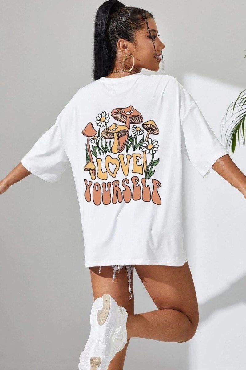 Kadın Baskılı Oversize kısa kol T-Shirt - Beyaz