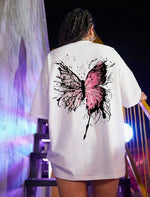 Kadın Tişört Kelebek Baskılı Oversize Kısa Kol T-Shirt - Beyaz