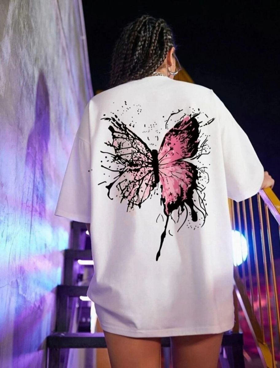 Kadın Tişört Kelebek Baskılı Oversize Kısa Kol T-Shirt - Beyaz