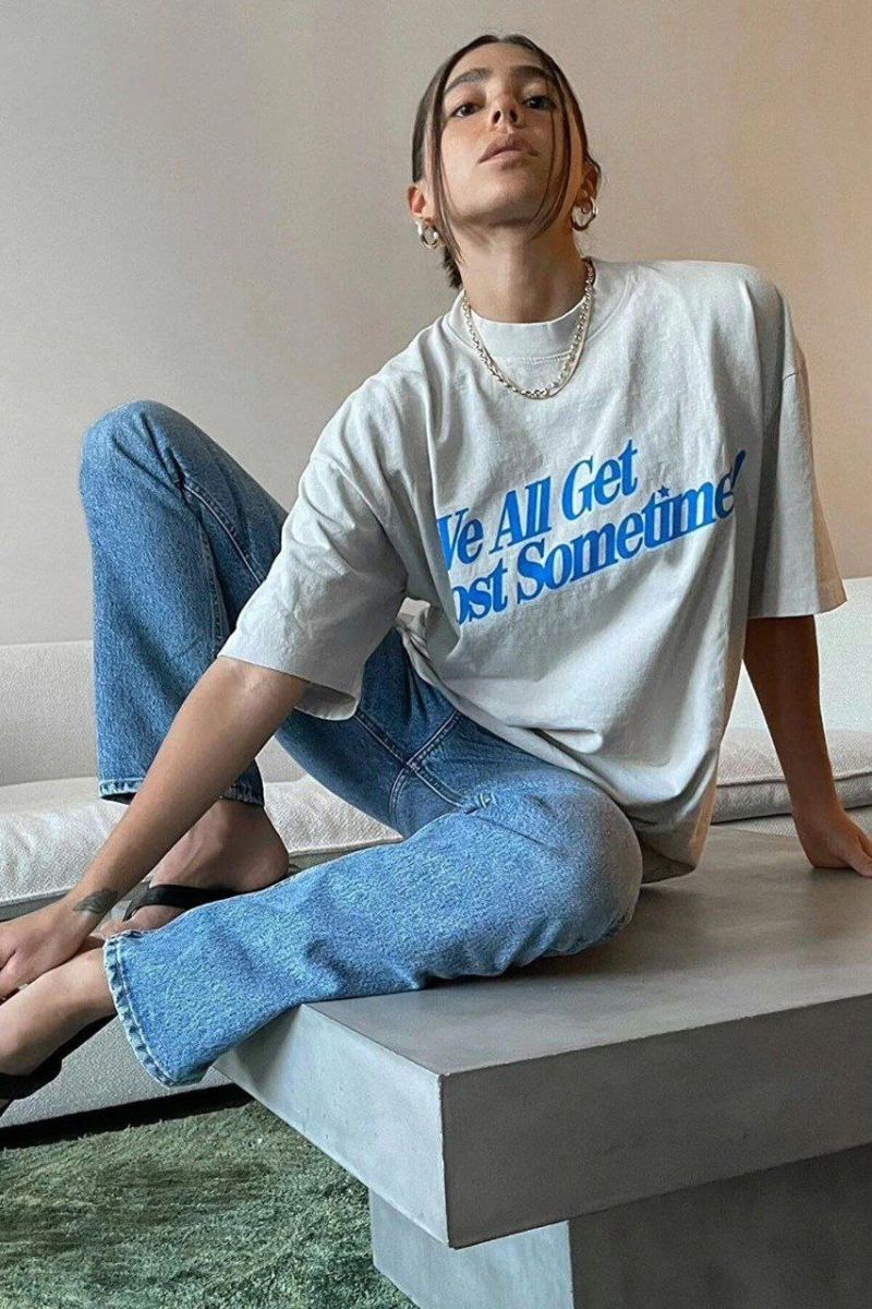 Kadın Baskılı Oversize kısa kol T-Shirt - Beyaz