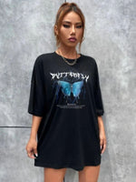 Kadın kelebek Baskılı Oversize kısa kol T-Shirt - Siyah