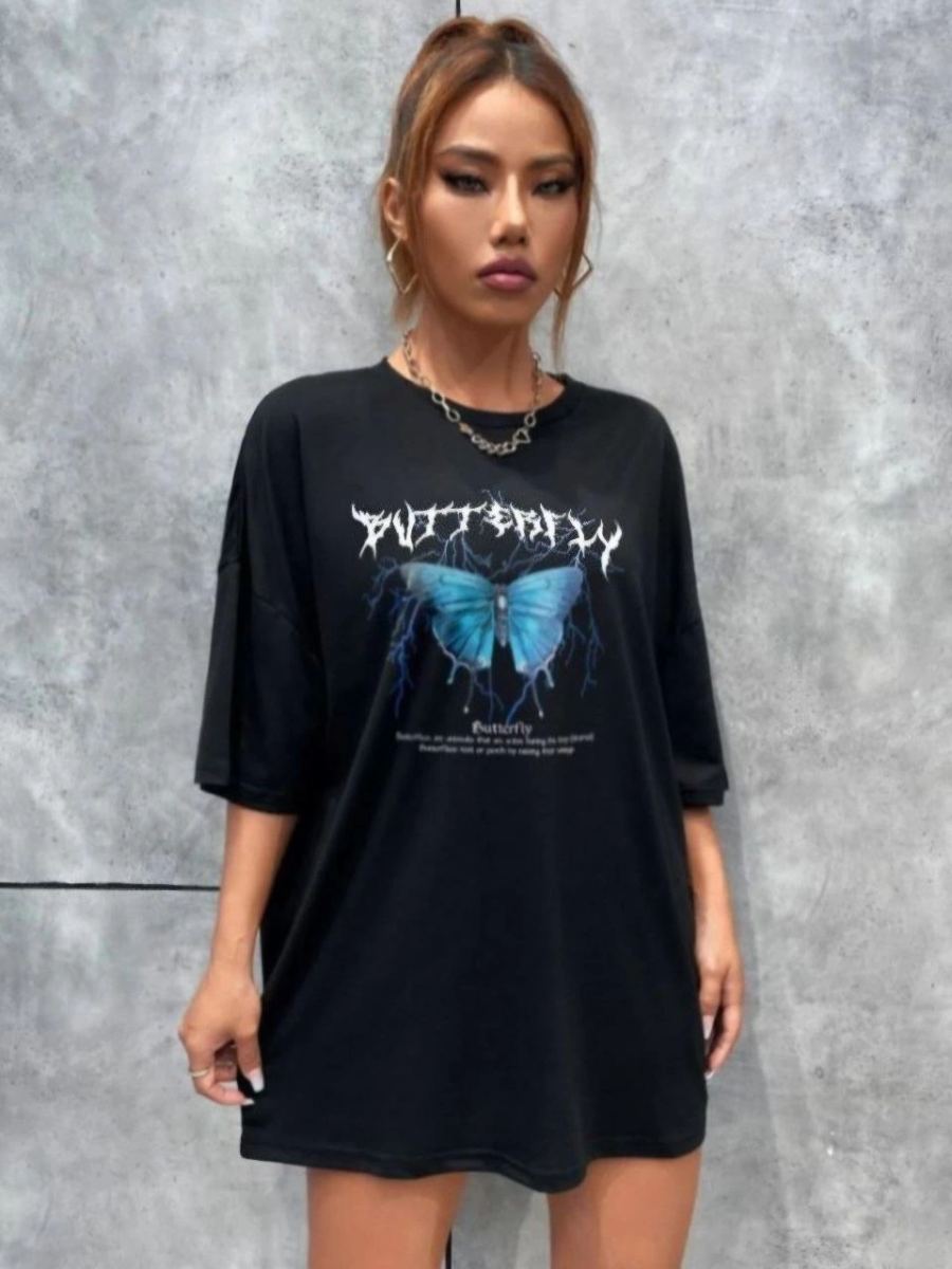Kadın kelebek Baskılı Oversize kısa kol T-Shirt - Siyah