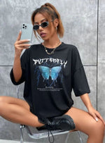 Kadın kelebek Baskılı Oversize kısa kol T-Shirt - Siyah
