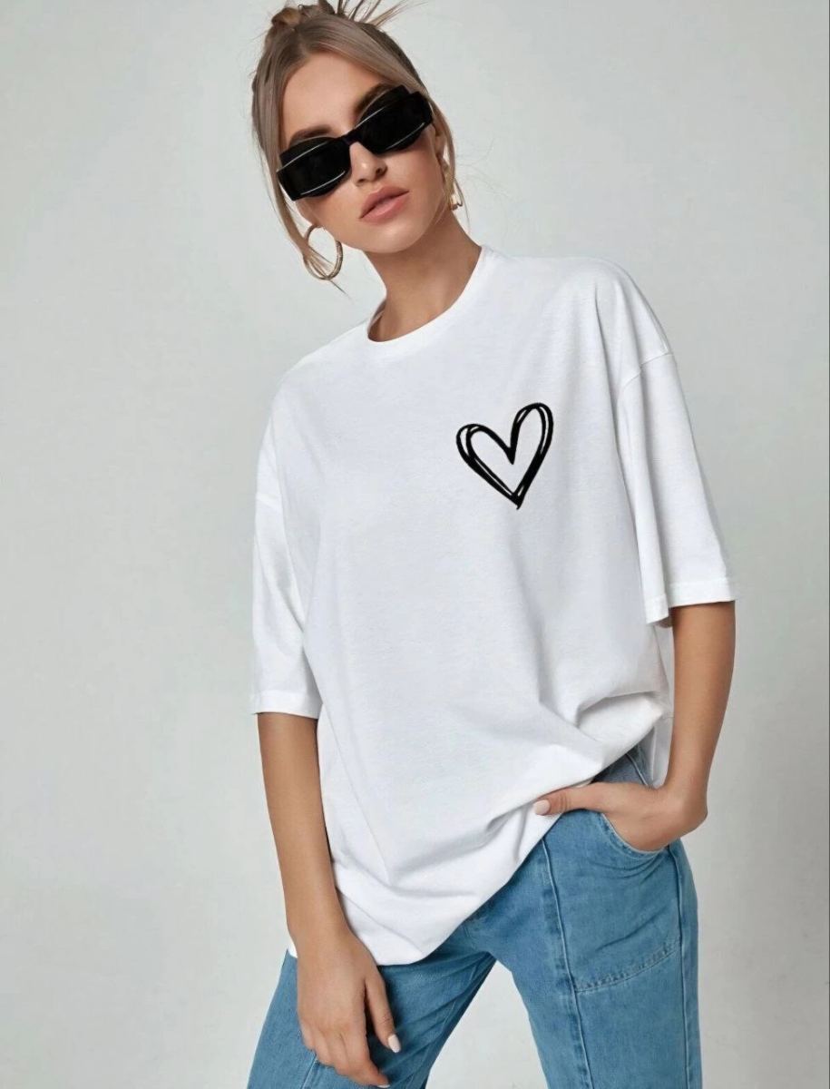 Kadın Tişort Kalp Baskılı Bisiklet yaka Kısa kol T-Shirt - Beyaz