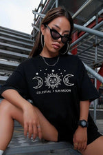 Kadın Baskılı T-Shirt Kısa Kol Bisiklet Yaka Oversize Rahat Kalıp Tişört - Siyah
