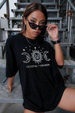 Kadın Baskılı T-Shirt Kısa Kol Bisiklet Yaka Oversize Rahat Kalıp Tişört - Siyah