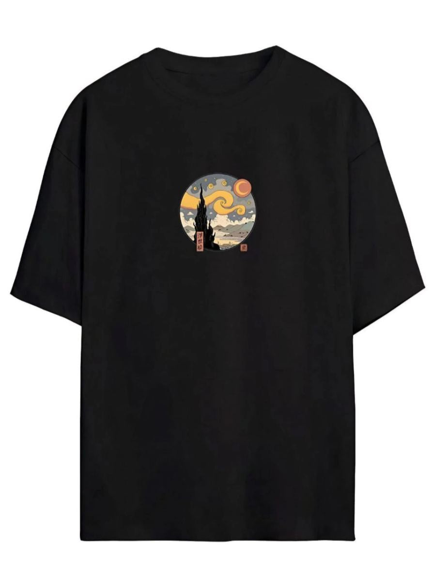 Kadın Baskılı T-Shirt Kısa Kol Bisiklet Yaka Oversize Rahat Kalıp Tişört - Siyah
