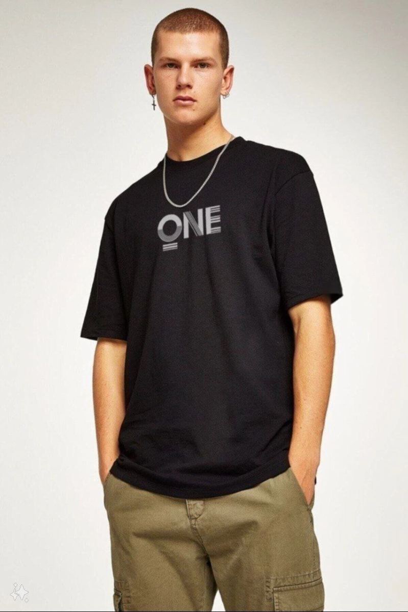 Erkek Baskılı T-Shirt Kısa Kol Bisiklet Yaka Regular Fit Rahat Kalıp Tişört - Siyah