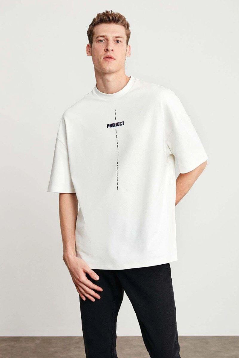 Erkek Baskılı T-Shirt Kısa Kol Bisiklet Yaka Regular Fit Rahat Kalıp Tişört - Beyaz
