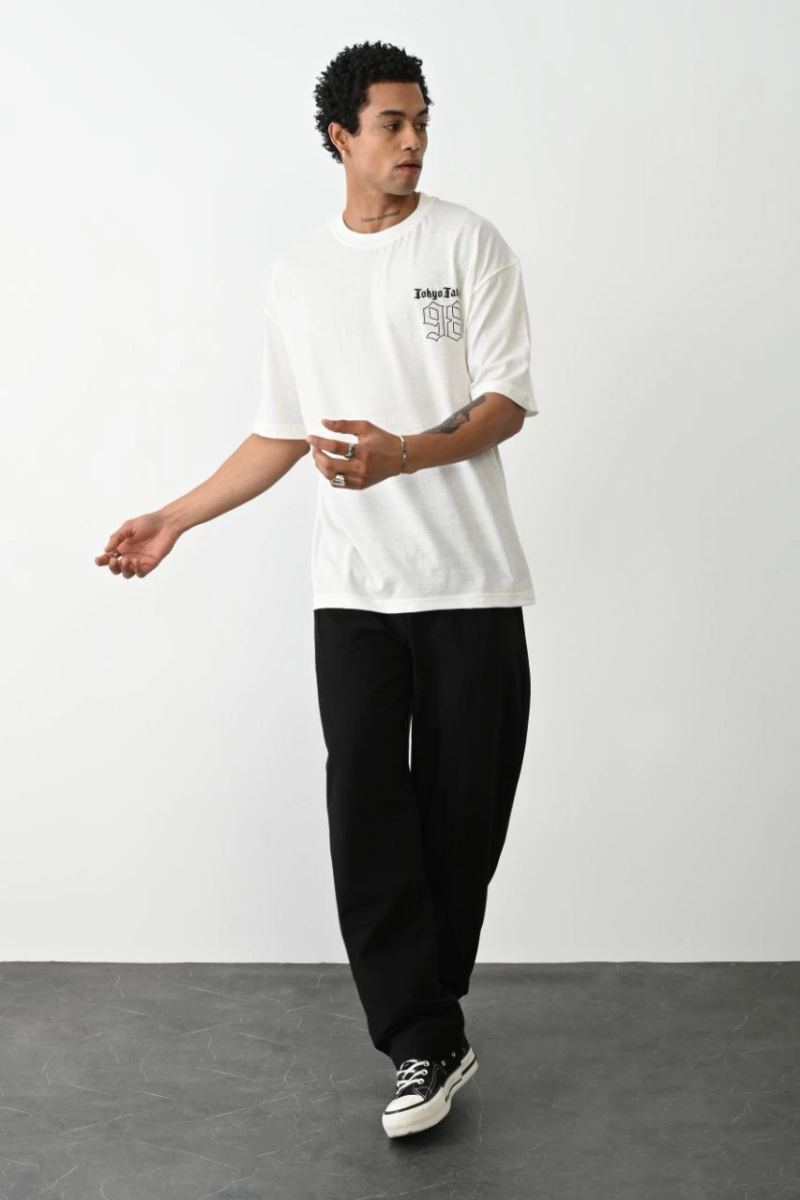 Erkek Kısa Kol Yazlık Tişört Bisiklet Yaka Baskılı Oversize T-Shirt - Beyaz
