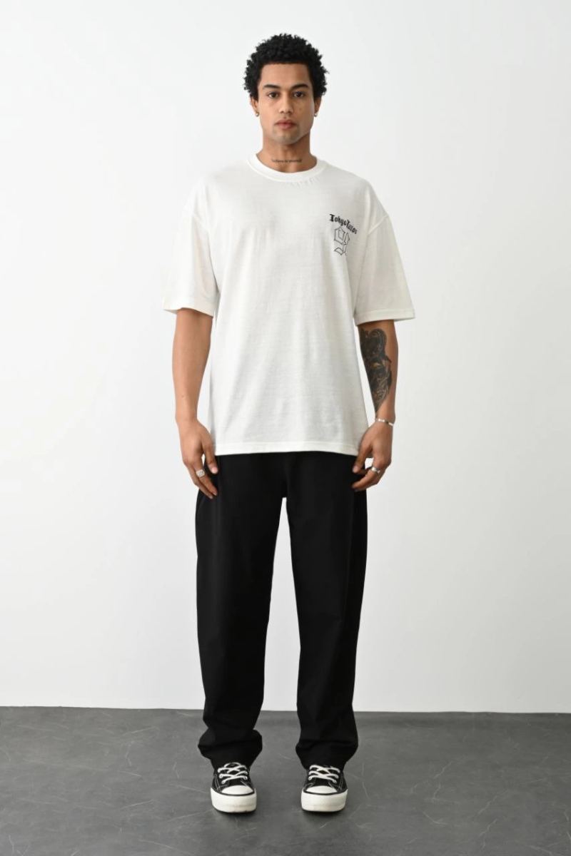 Erkek Kısa Kol Yazlık Tişört Bisiklet Yaka Baskılı Oversize T-Shirt - Beyaz